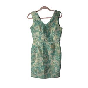 Tahari Womens Aqua Gold Sleeveless‎ Jacquard Floral Dress Size 8